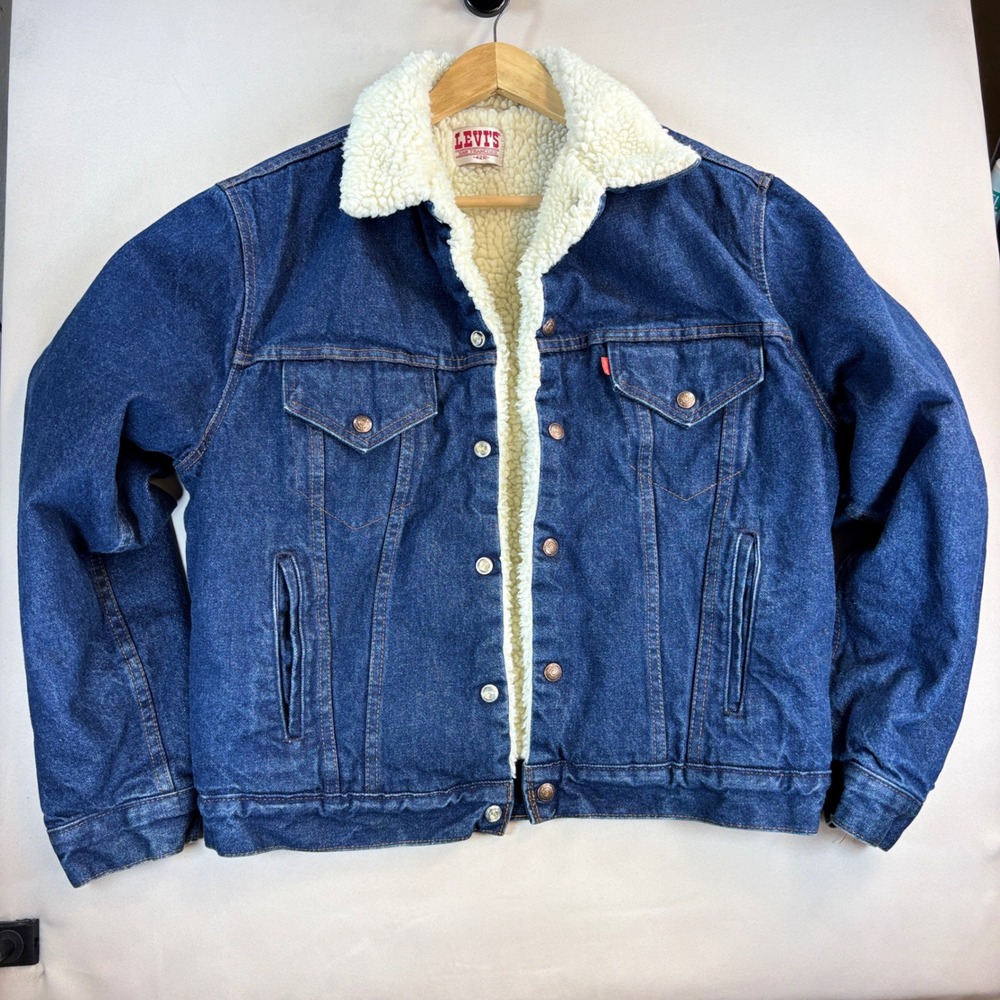 Vintage 1984 Levi's Sherpa Lined Denim Trucker Jacket Mens 42R USA Dark Wash 80s